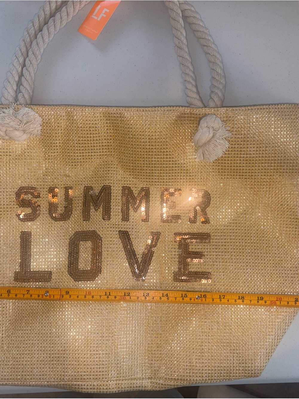 LF Straw Tote with Gold Sequin 'SUMMER LOVE' Lettering